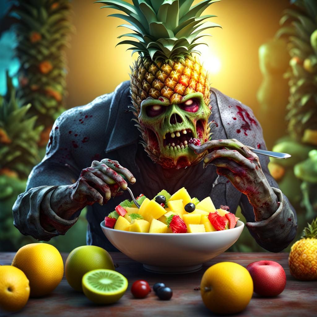Zombie Pineapple Enjoys Fruit Salad: Detailed Digital Painti...