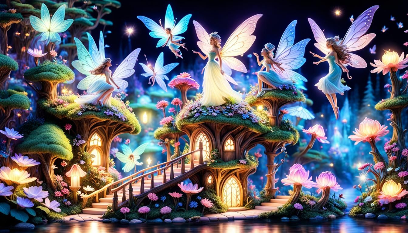 Enchanted Fairy Village with Luminous Flowers