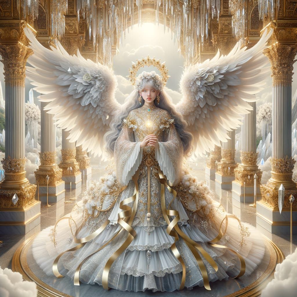 South Asian Angel in Majestic Gold and White Dress