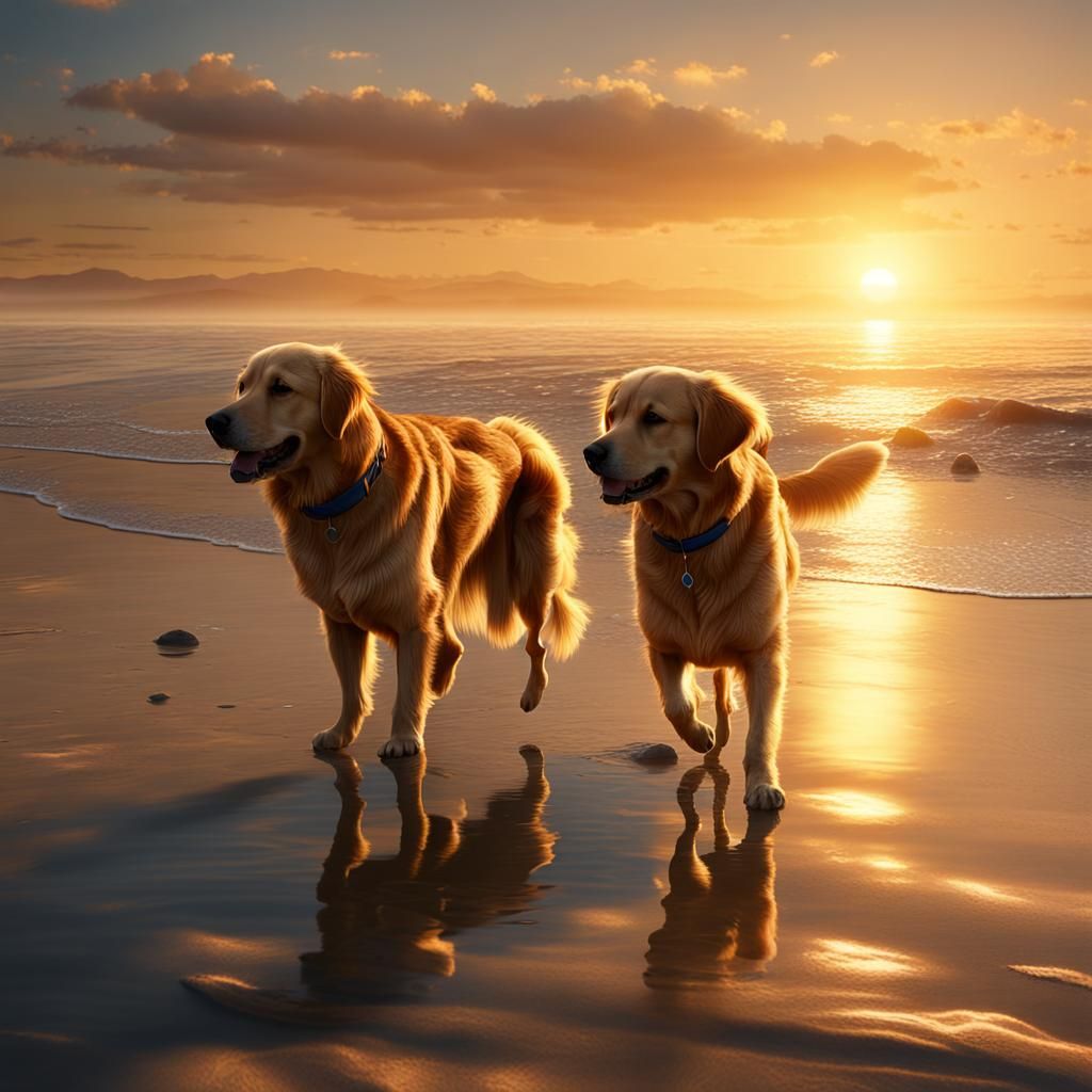 Golden Retrievers Stroll on Sunset Beach: Matte Painting