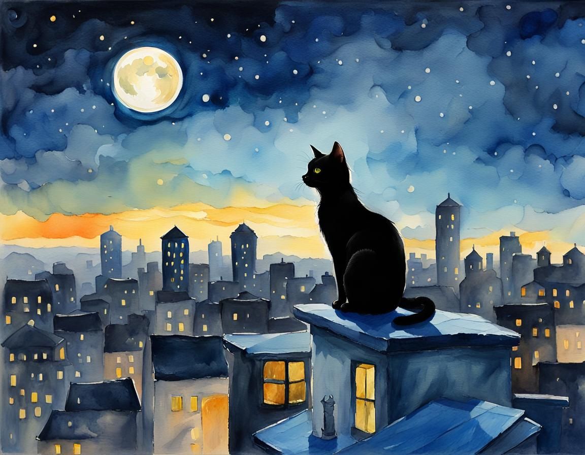 Moonlit Cat Cityscape in Gouache Watercolor Style
