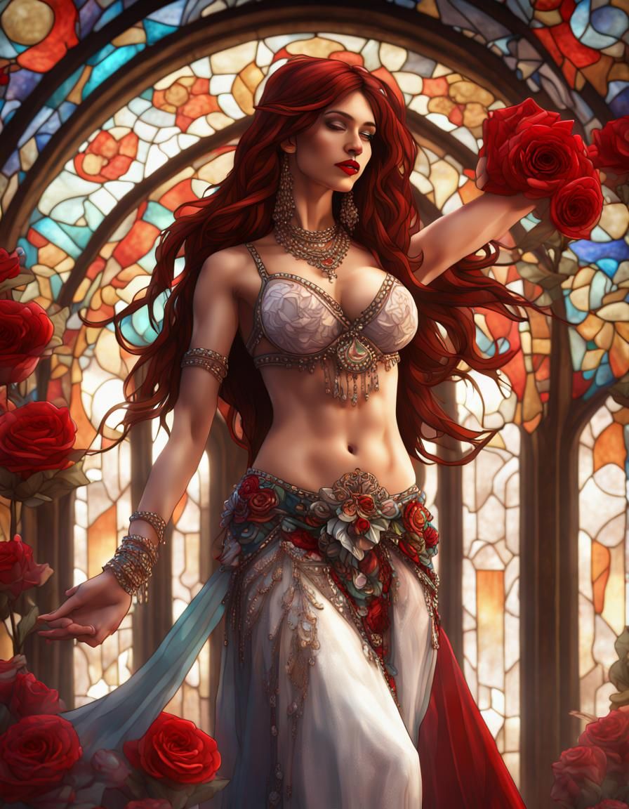 Auburn-Haired Belly Dancer with Stained Glass Roses