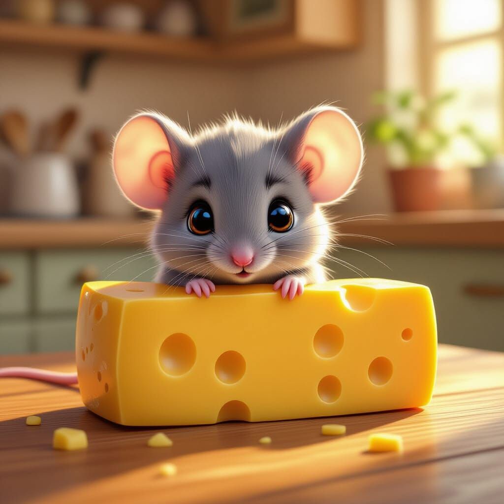 Shy Mouse Peeking from Cheese: Cute Digital Illustration