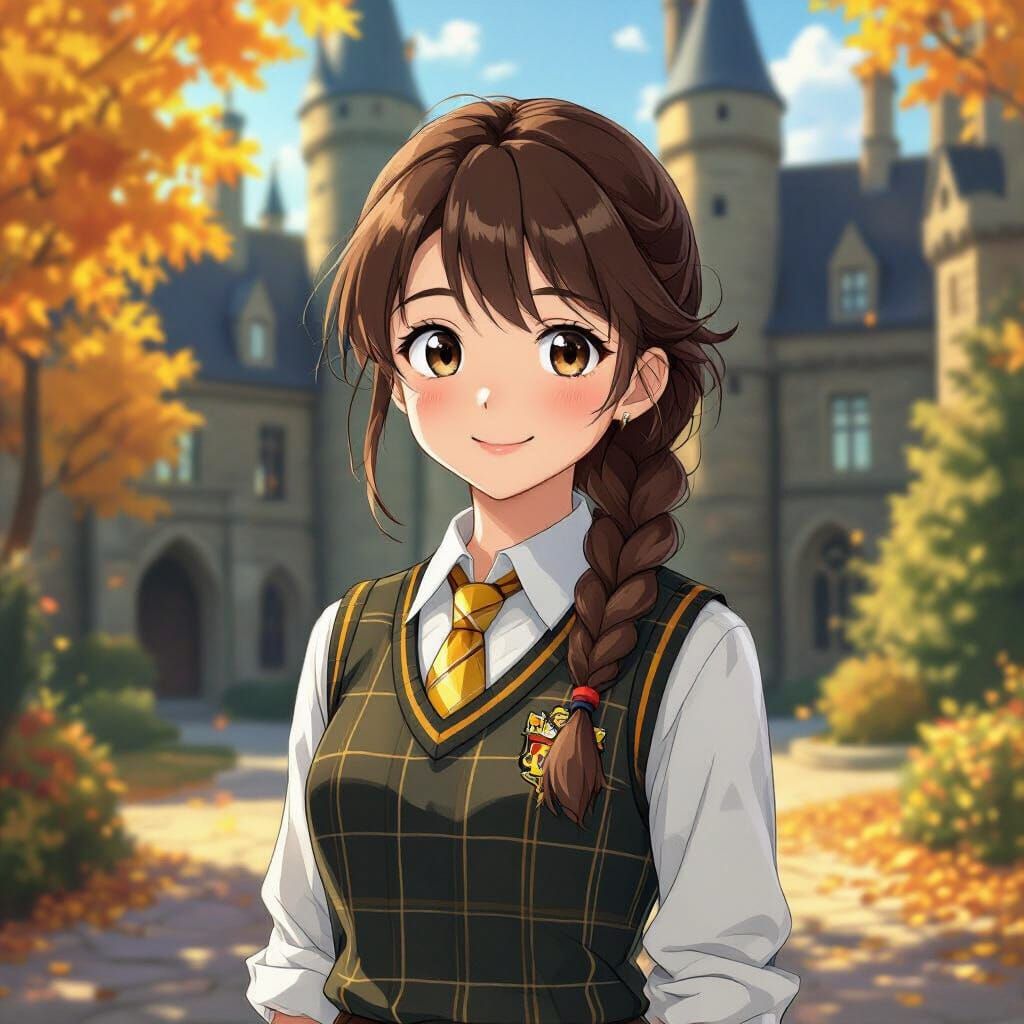 Anime Hufflepuff Girl in Hogwarts Courtyard