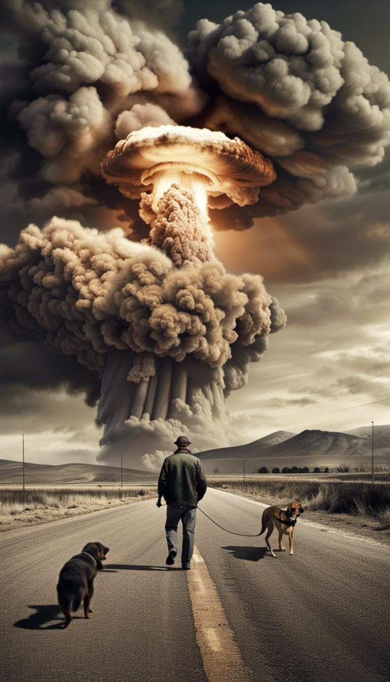 Hyperrealistic Nuclear Explosion with Man and Dog