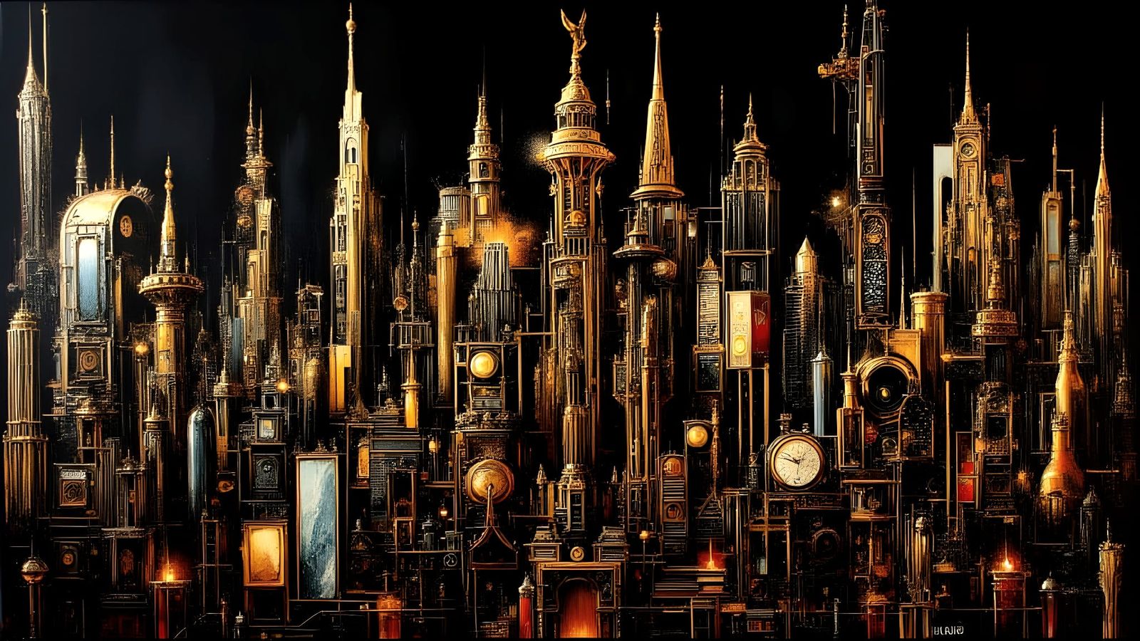 Art Deco Brass Cityscape with Golden Hour Lighting