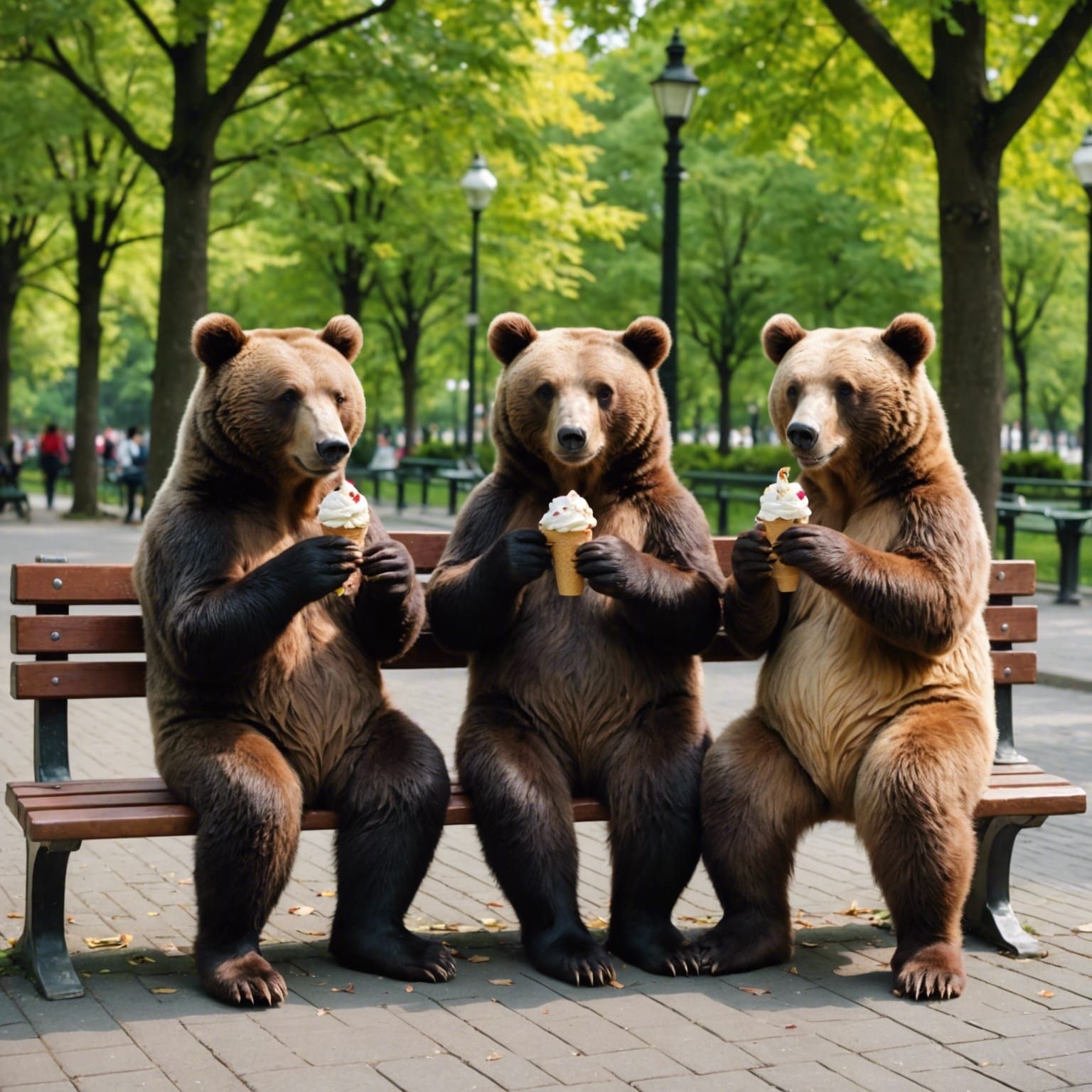 Bears eating ice cream on a bench in the park