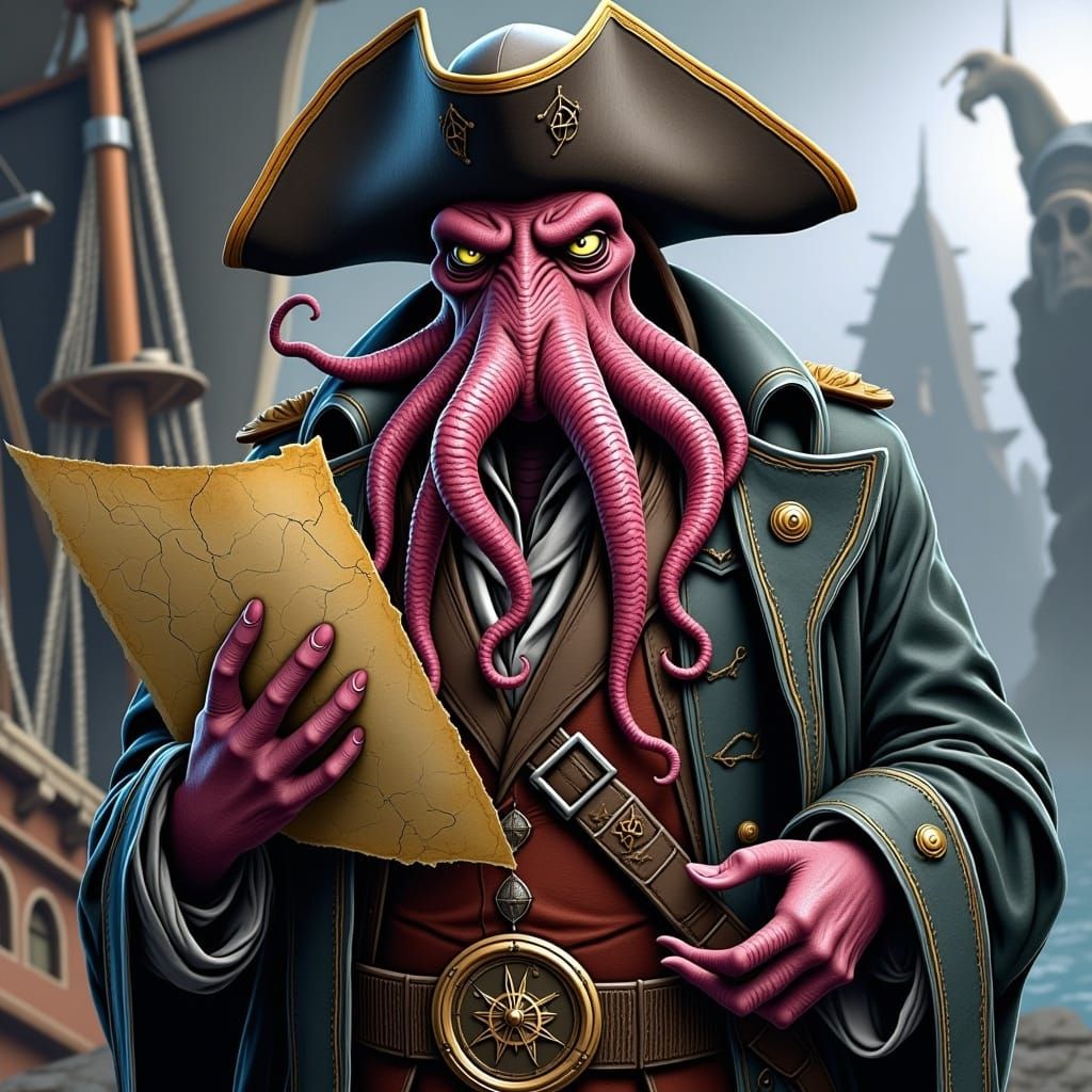 Pirate Octopus Statue with Map in Hyper-Realistic Style