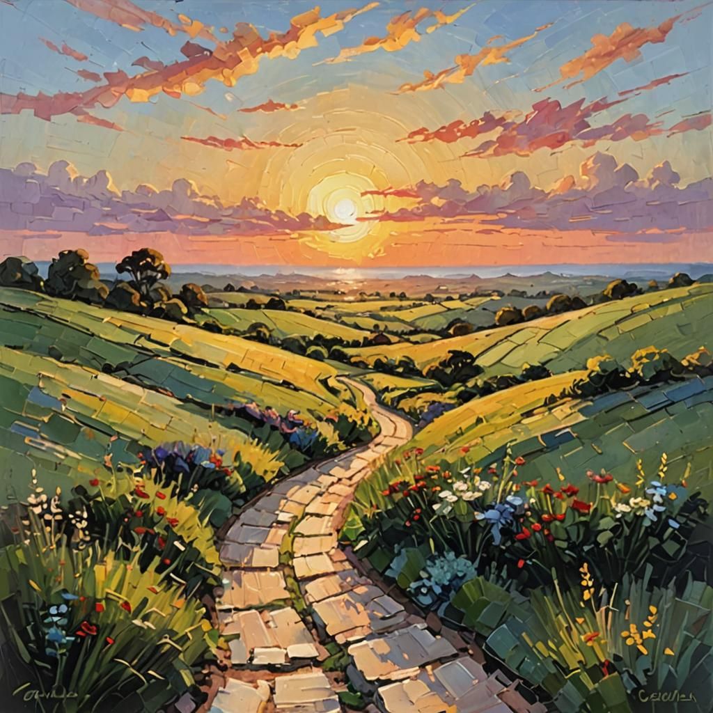 Winding Path to Horizon in Impasto Painting Style