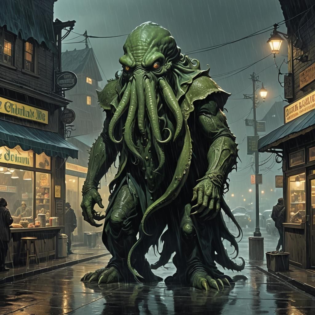 Cthulhu Looks at Fish Shop in Frazetta Style