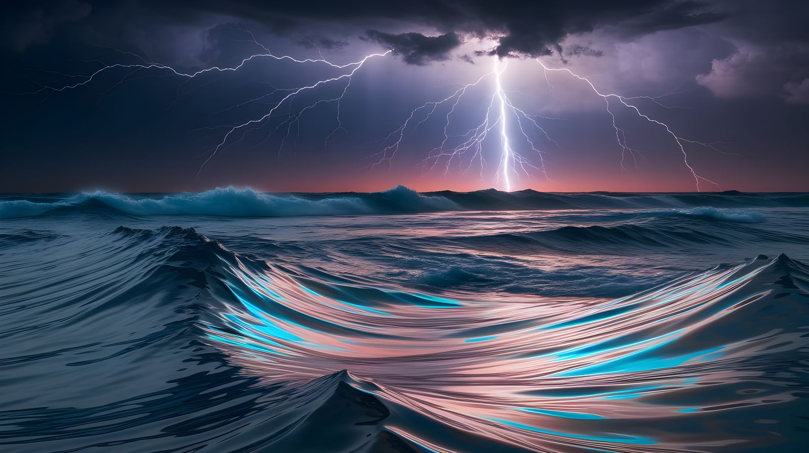 Iridescent Waves Under Lightning Storm at Night