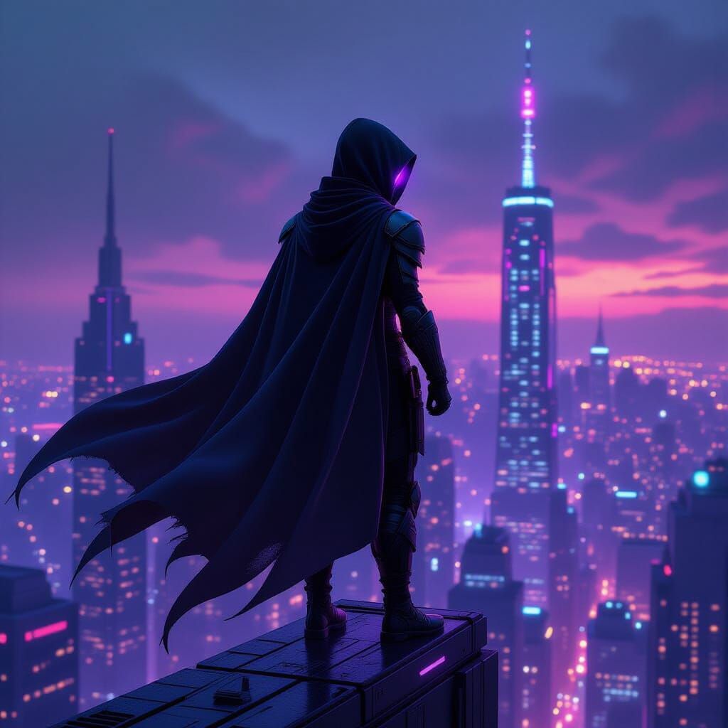Cyberpunk Ninja Warrior on Futuristic Skyscraper