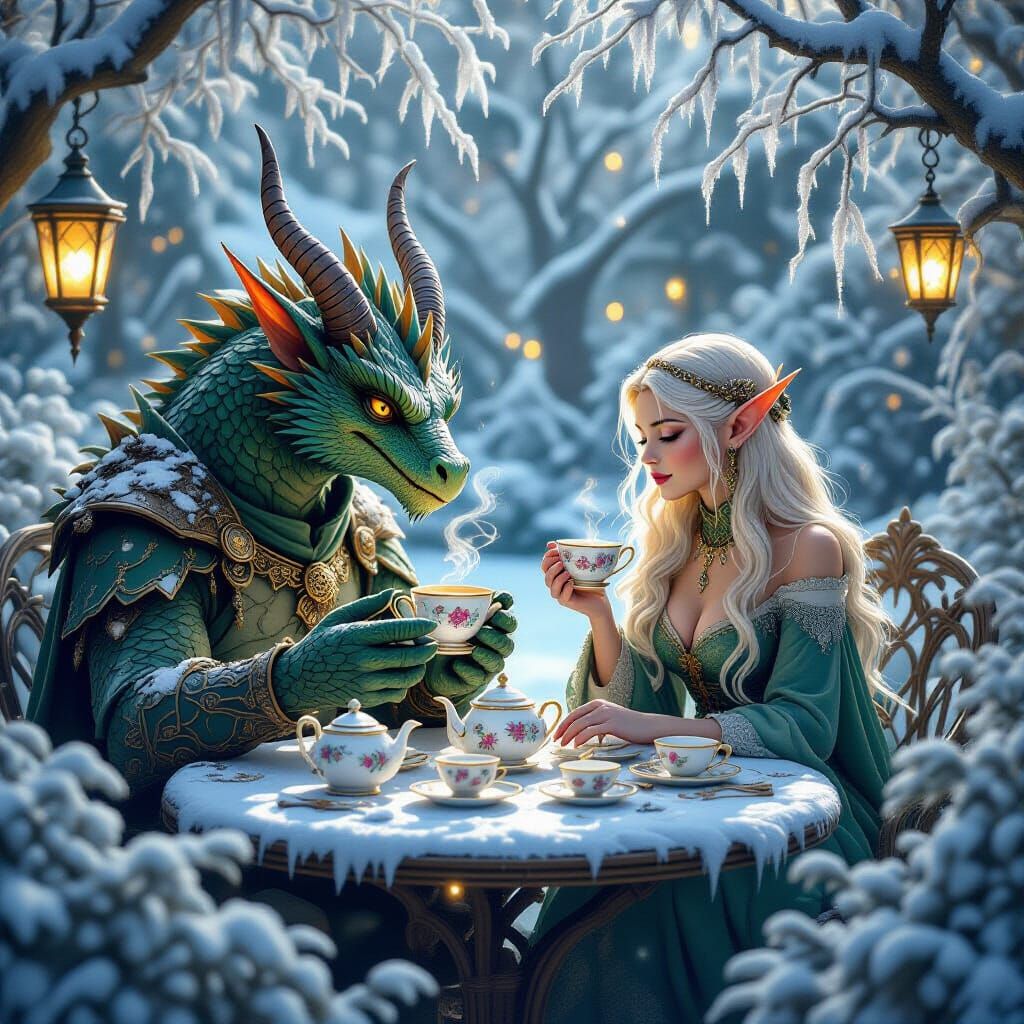 Golem dragon and elf sipping tea from intricate china tea se...