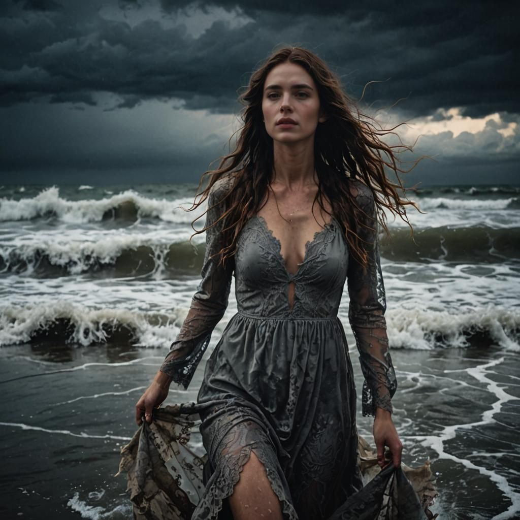 Stormy Sea Portrait of Woman in Tattered Dress