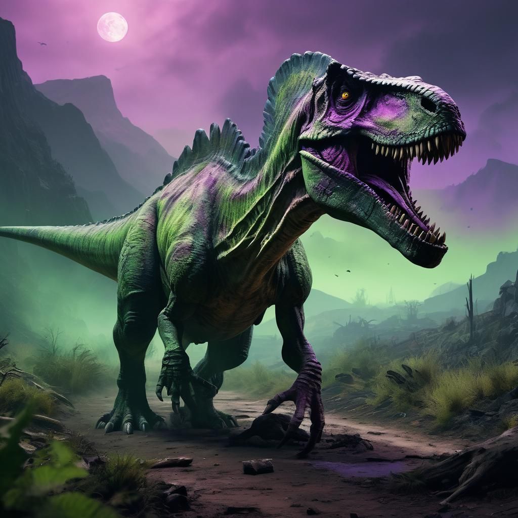 Gothic Horror Zombie Dinosaur in a Mysterious Valley Landsca...