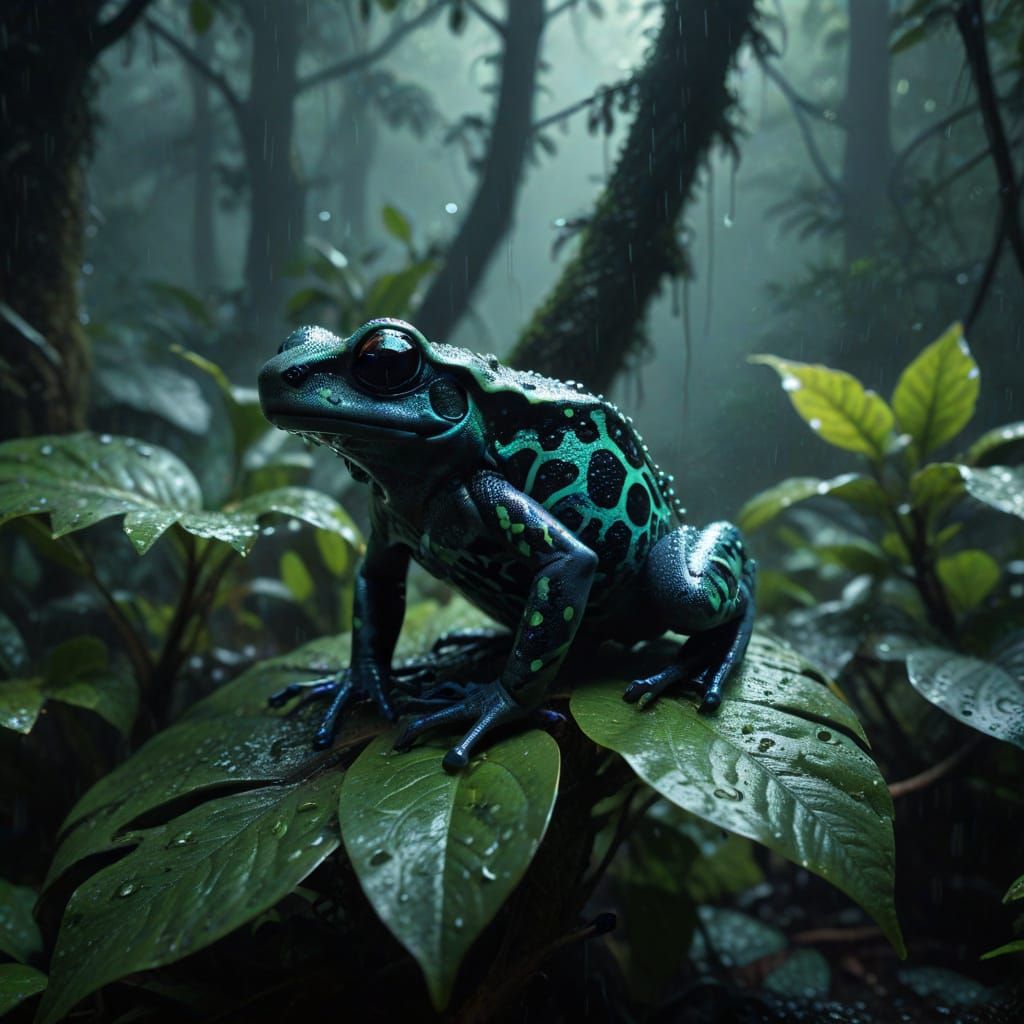 Surreal Poison Dart Frog in Rainy Rainforest