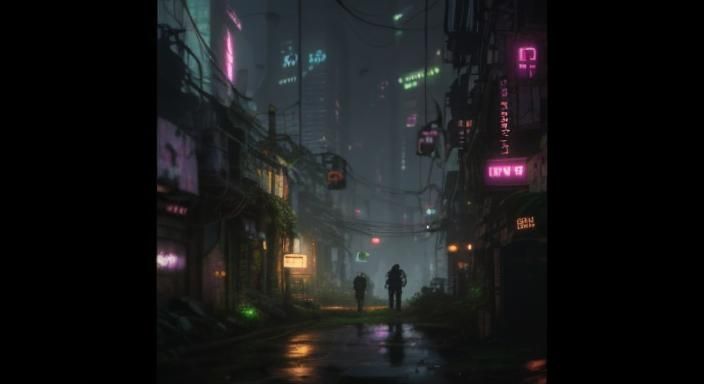 Overgrown Cyberpunk City with Cats and Neon Lights