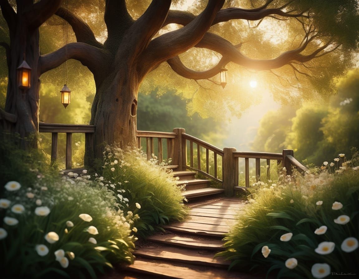 Cozy Whimsical Treehouse in Impressionist Style