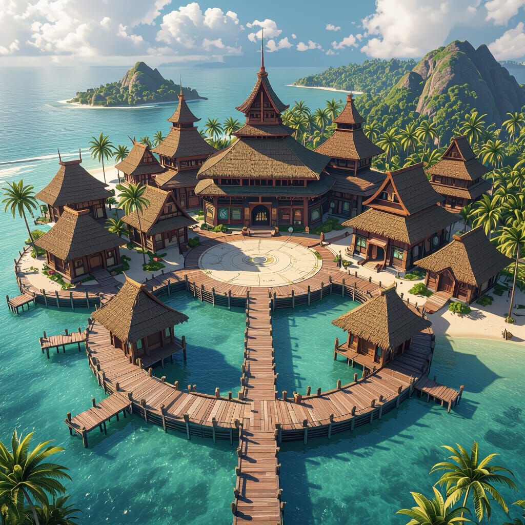 Fantasy Polynesian Village From Above, Shoreline With Dock