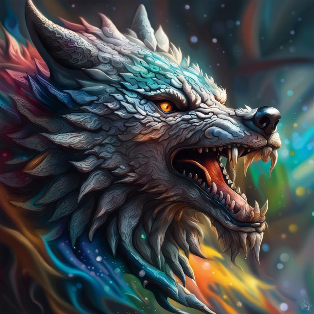 Hyperrealistic Wolf Dragon in Splash Art Style