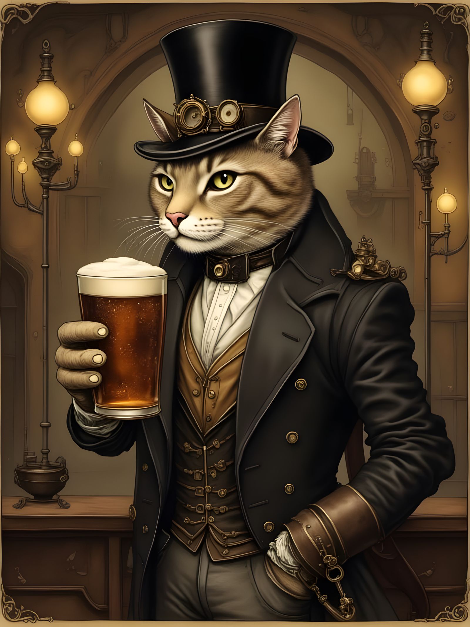 Steampunk Cat Enjoys Pint of Ale