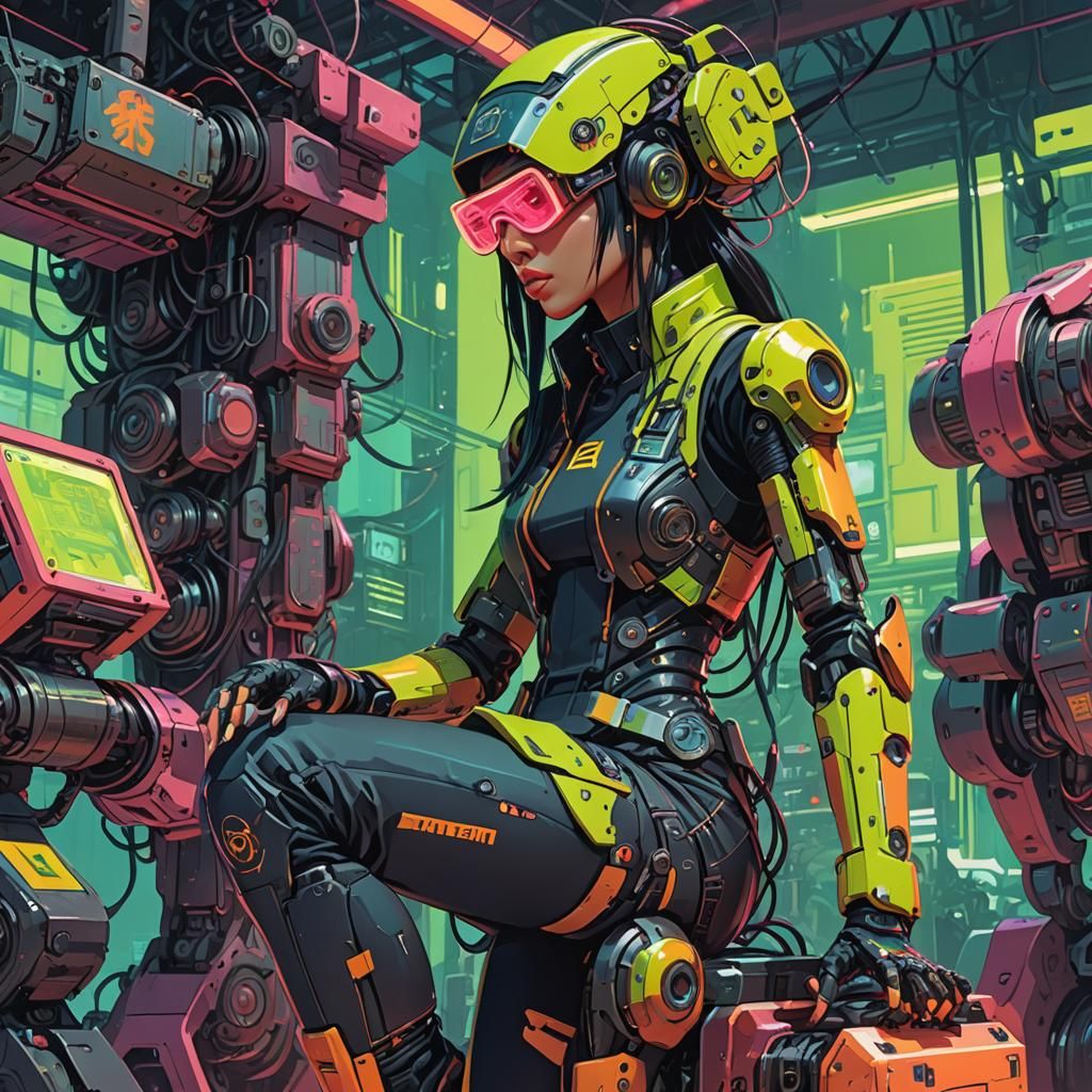 Cyberpunk Girl Repairs Battle Robot in Neon Colors