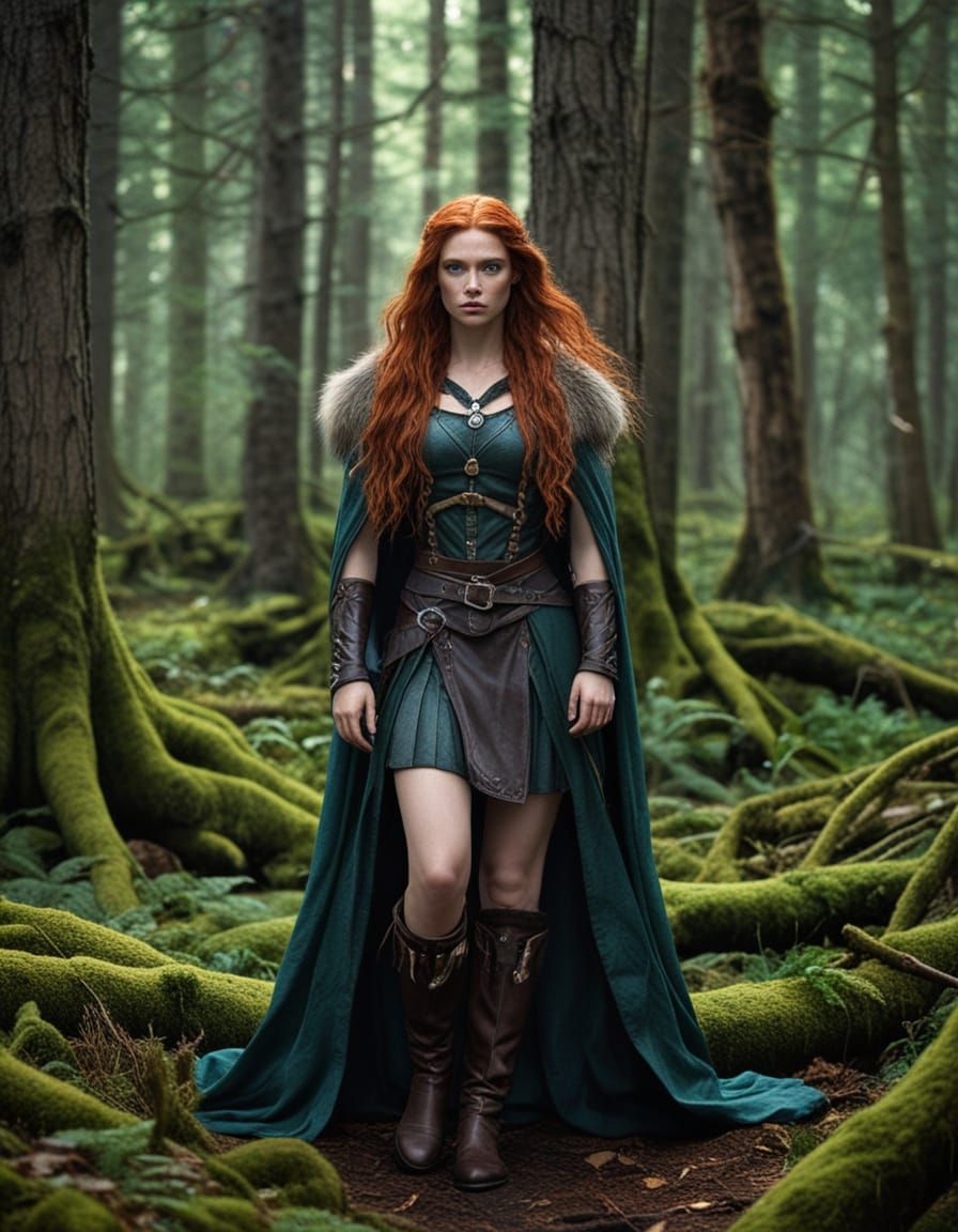 Red-Haired Viking Shieldmaiden in Nordic Forest