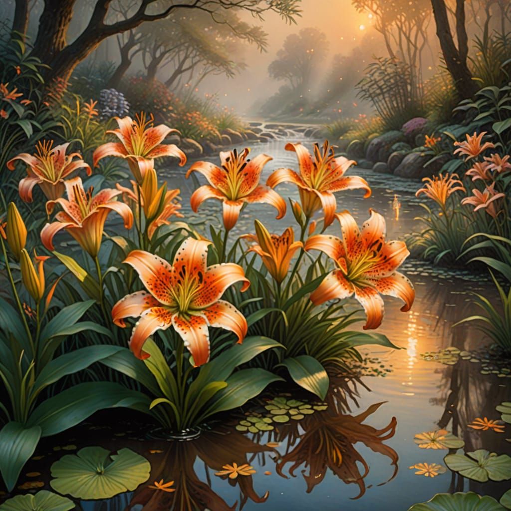 Ethereal Tiger Lilies by Stream in Golden Light