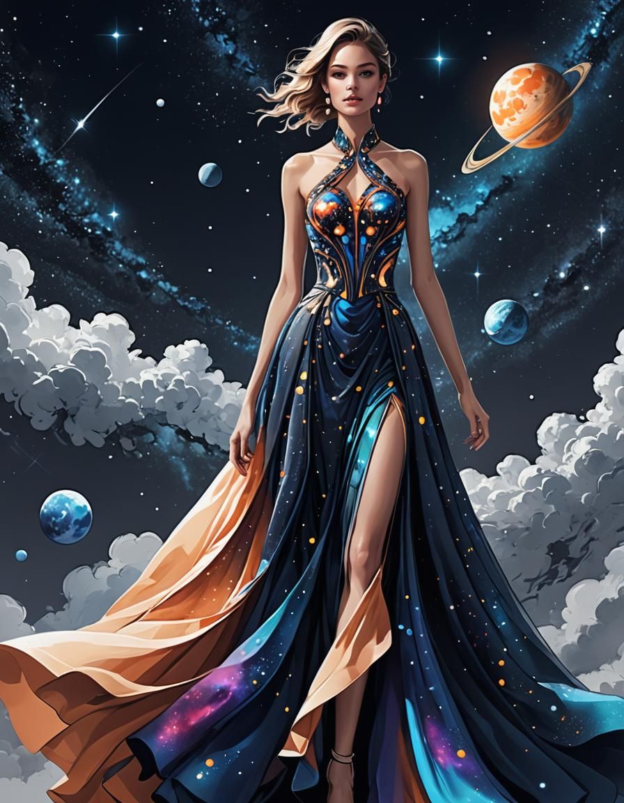 Galactic Night Sky Dress: Fashion Design Concept Art