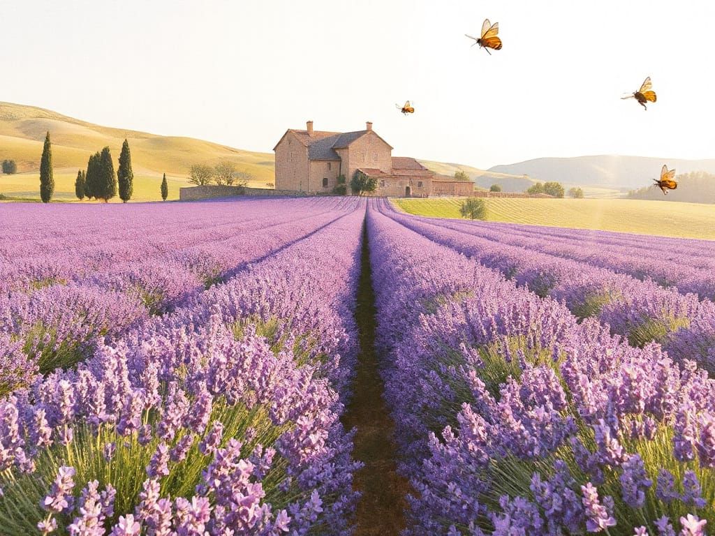 Watercolour Lavender Fields with Stone Farmhouse