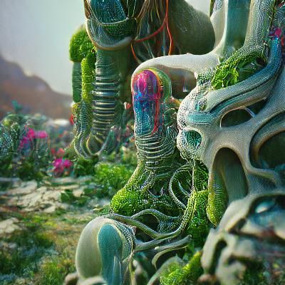Surreal Biopunk Jade Sculpture in Alien Landscape