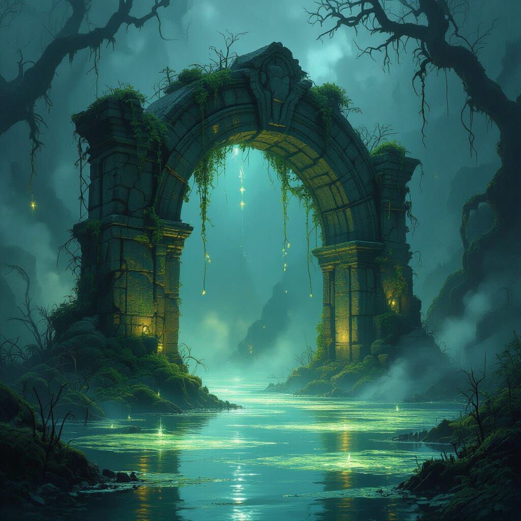 Bioluminescent Swamp Archway in Dark Fantasy Style