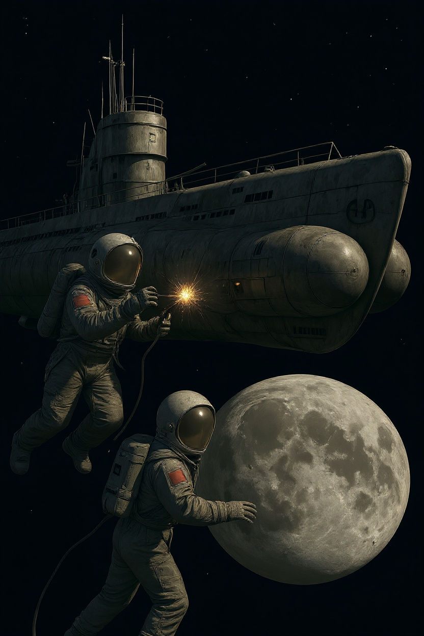 Astronauts Repairing WWII U-Boat Spaceship in Orbit
