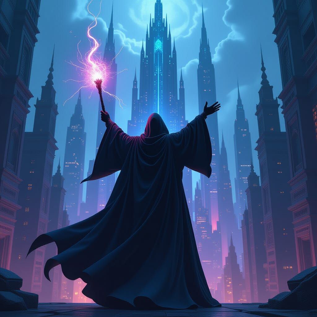 Wizard Architect Shapes Futuristic City in Dark Fantasy Conc...
