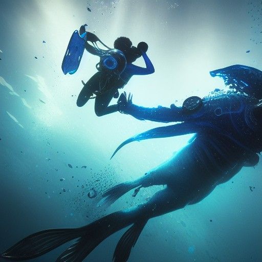 Scuba Diver and Underwater Monster in Dark Fantasy