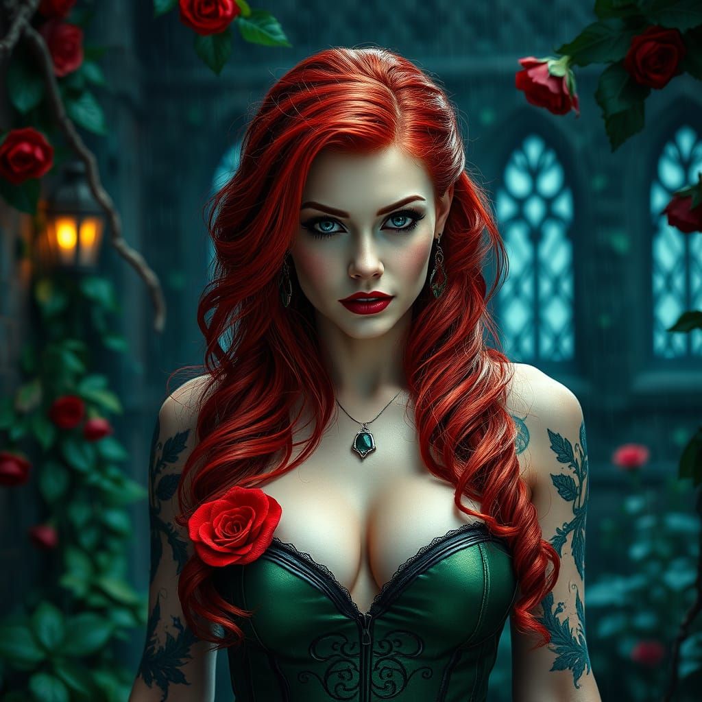 Gothic Poison Ivy, DC Heroine, in a Wet, Green Vines Setting