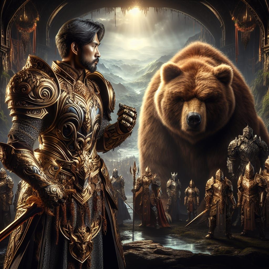 Armored Knight and Bear in Fantasy Landscape