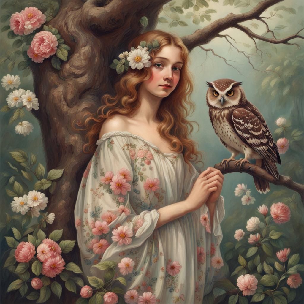 Woman with Owl in Floral Forest