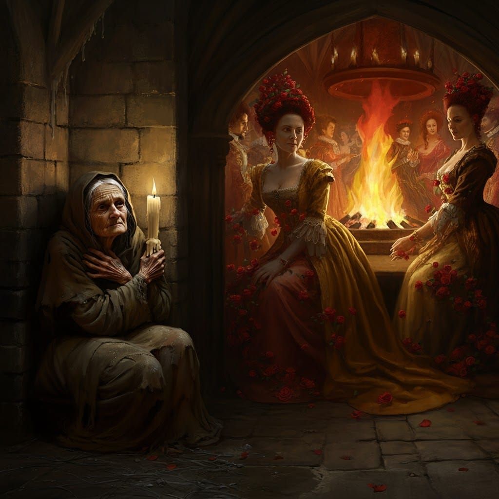 Elderly Woman and Nobles by Firelight, in Gurney Style