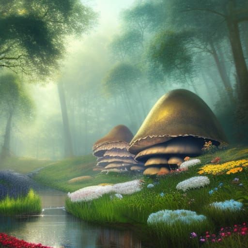 Victorian Cottagecore Mushroom House in Flower Meadow