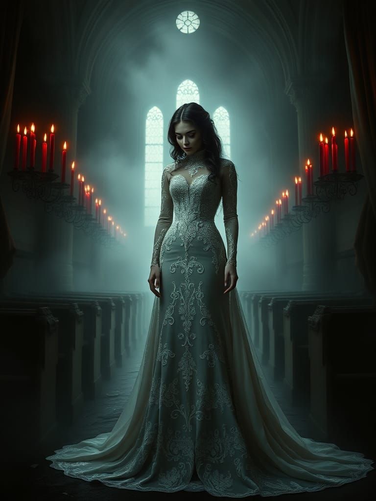 Gothic Bride in Abandoned Church, Dark Romanticism Style