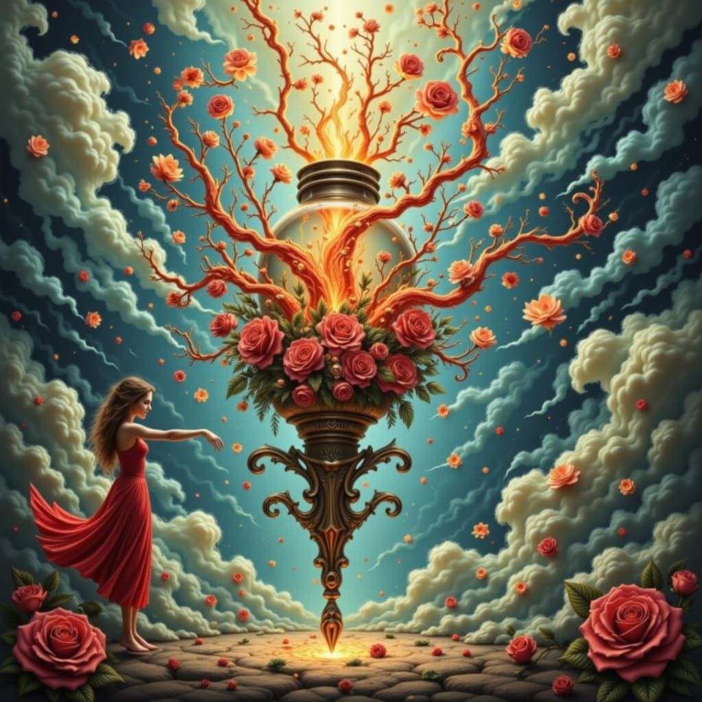 Woman in Fiery Dress with Glowing Flower Jar