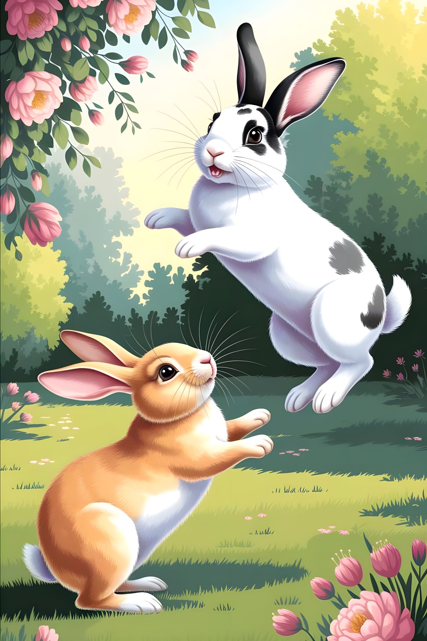 Joyful Bunnies in a Vibrant Springtime Scene