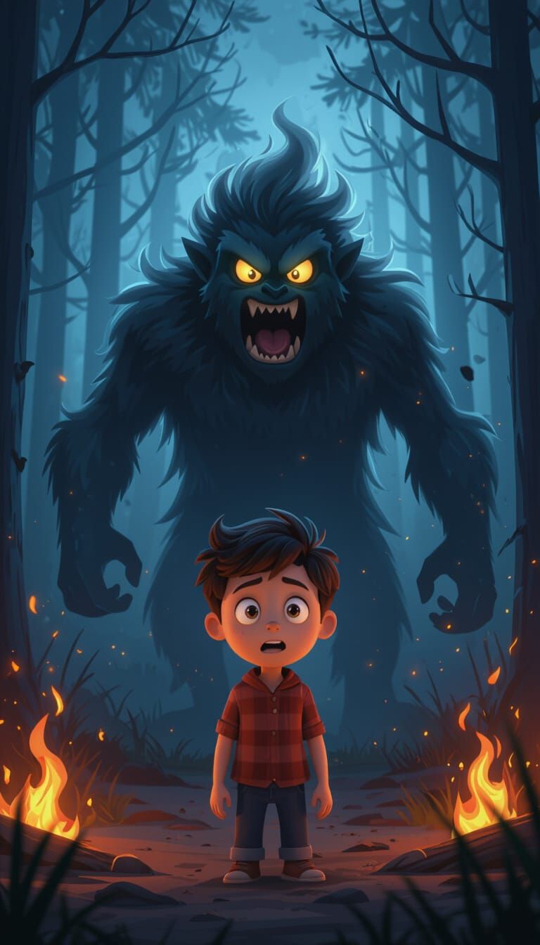 Boy Confronts Smoke Creature in Dark Forest