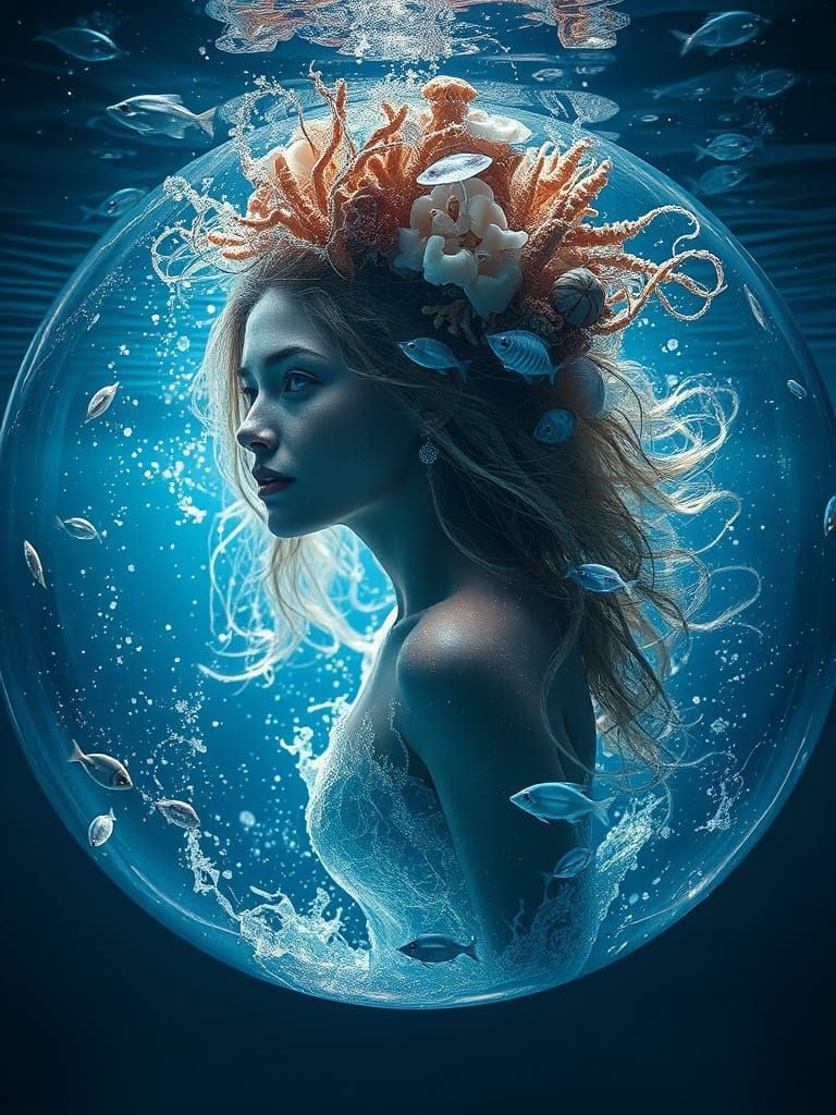 Underwater Woman Encased in Air Bubble, Surreal Hyperrealism