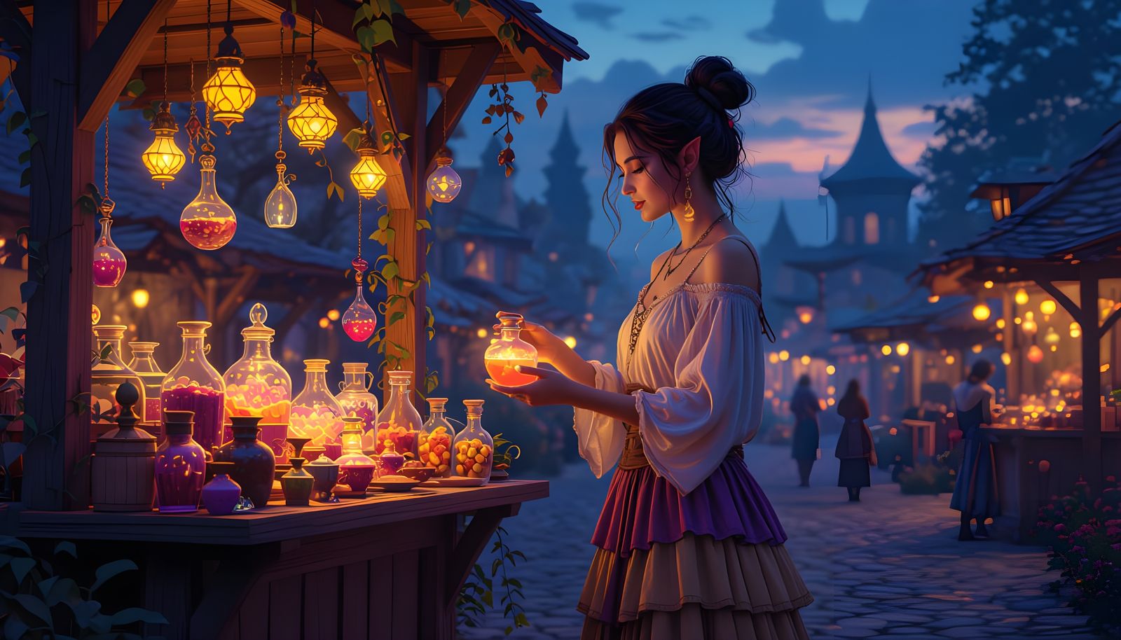 Elven Enchantress Sells Potions in Magical Night Marketplace
