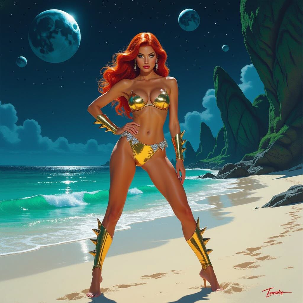 Red-Haired Warrior Woman on Alien Beach, Spiked Bikini
