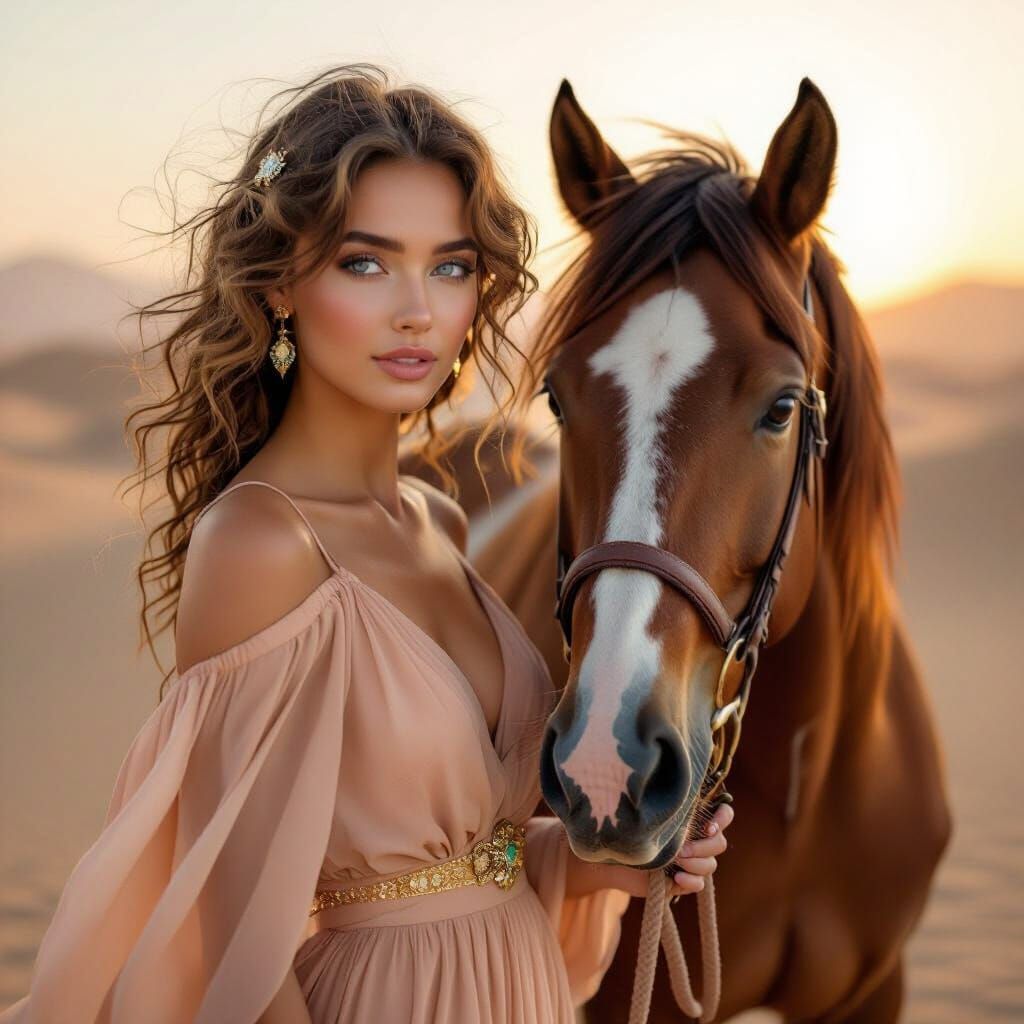 Woman and Horse in Desert Sunrise, Pastel Tones