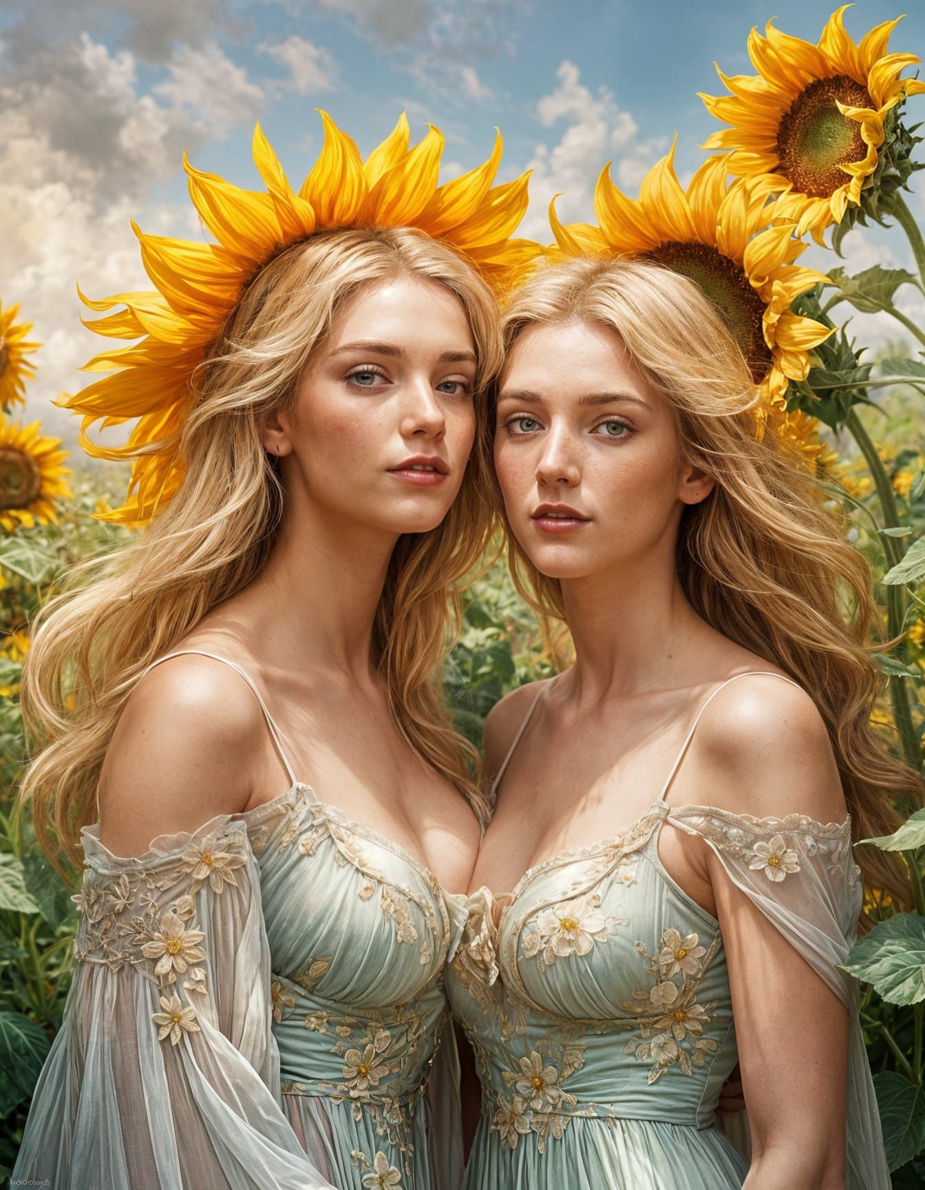 Sunflower Field Soul Sisters in Art Nouveau Style