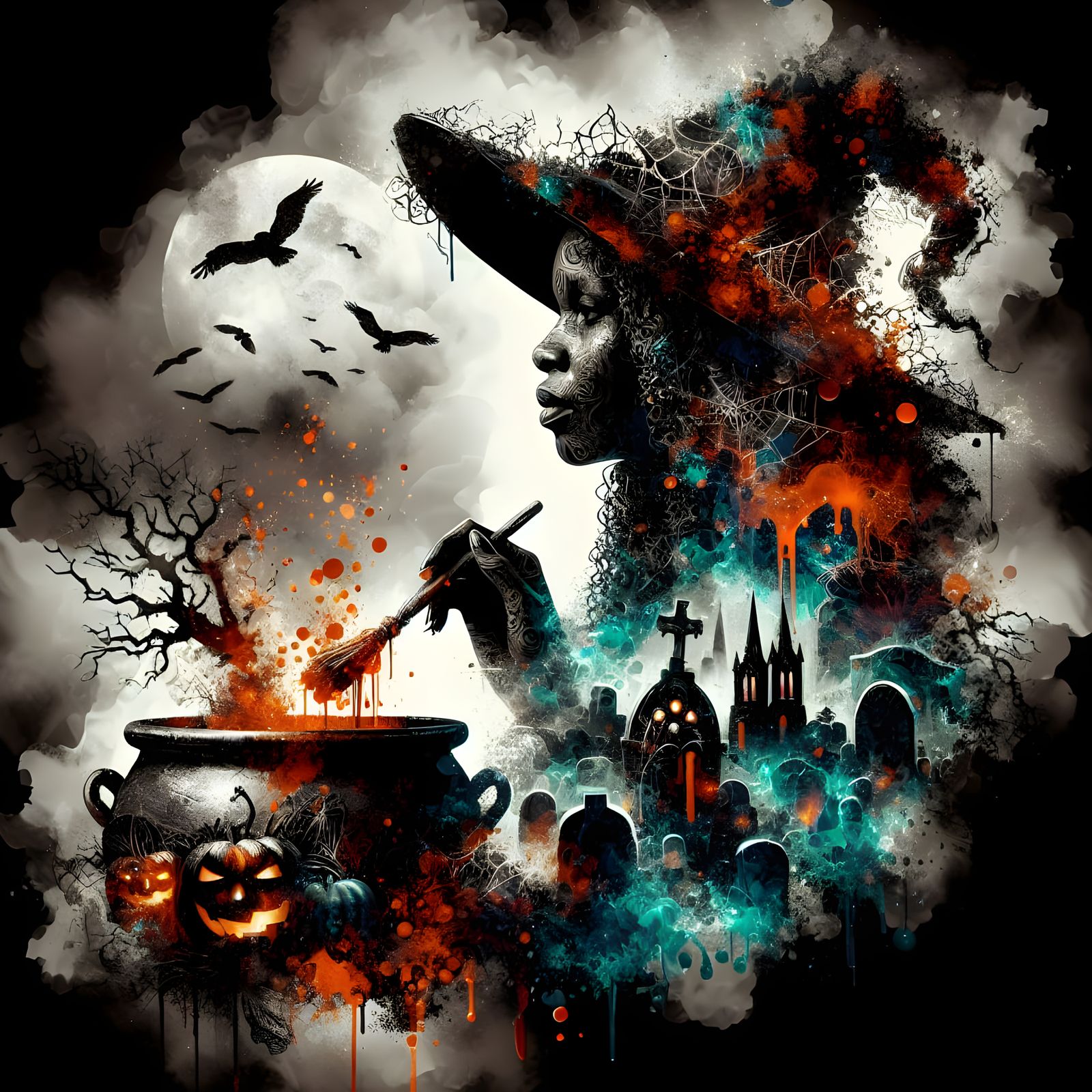 African Witch Surrounded by Haunting Graveyard in Street Art...